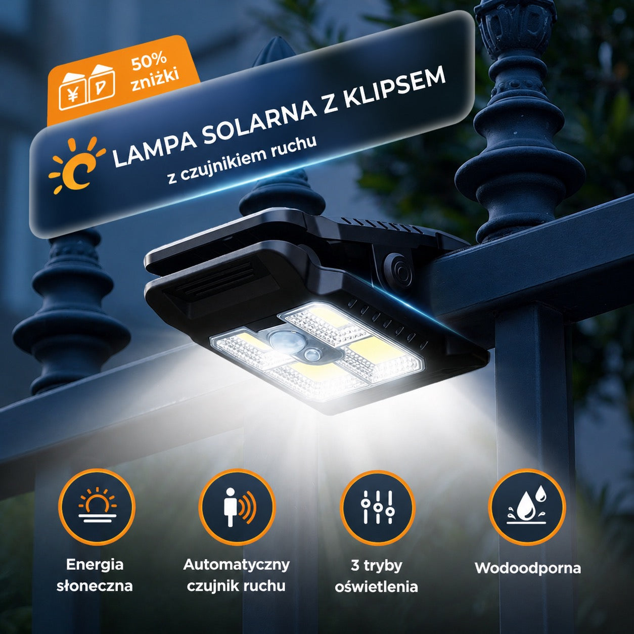 Lampa zewnętrzna solarna z czujnikiem ruchu i mocowaniem na klips