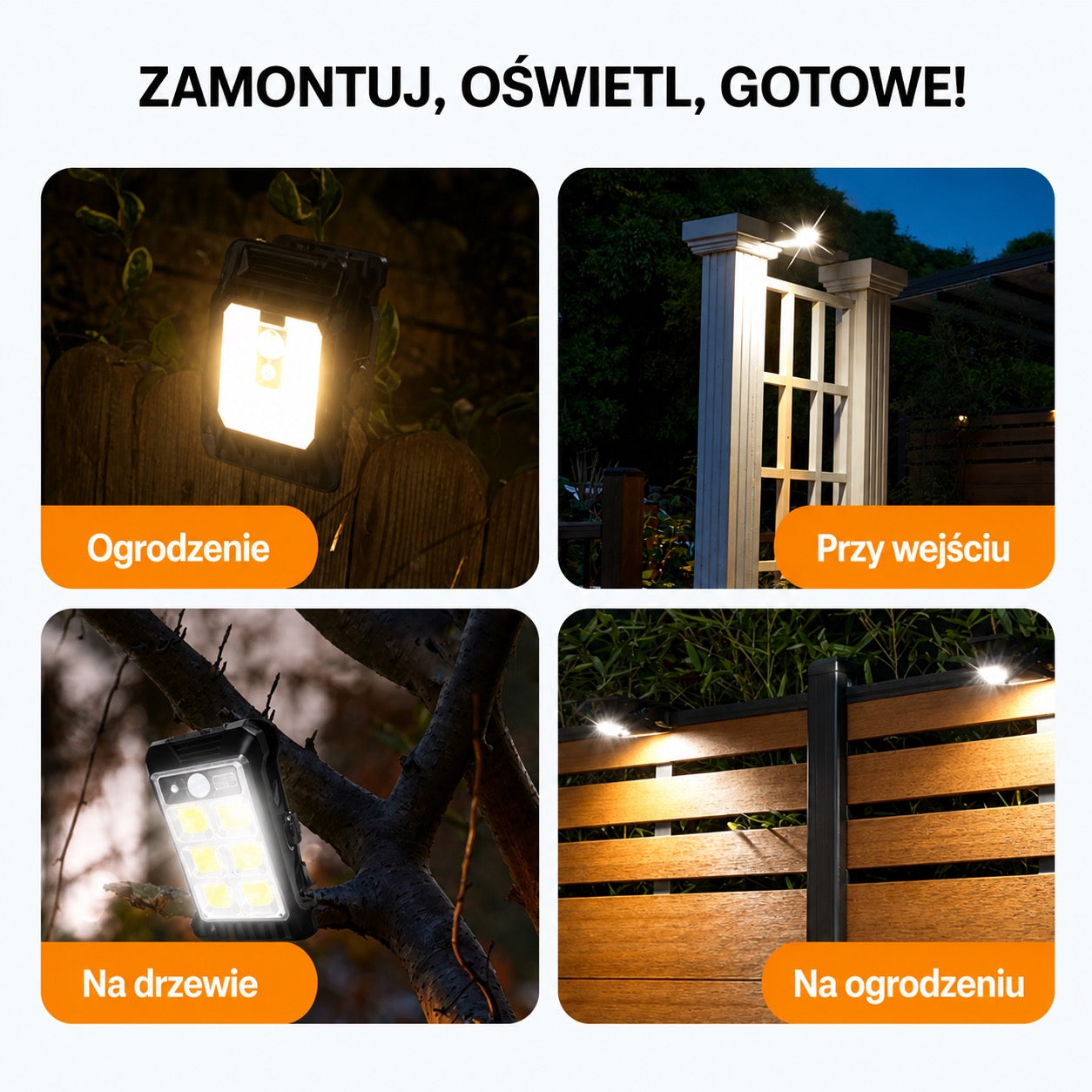 Lampa zewnętrzna solarna z czujnikiem ruchu i mocowaniem na klips