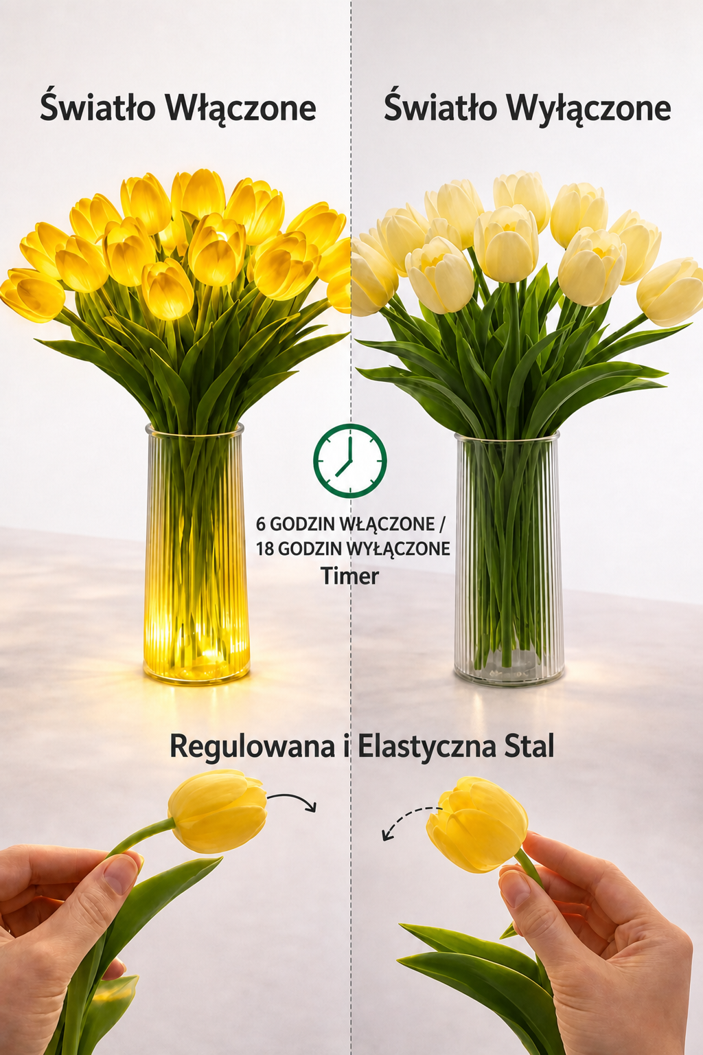 Romantyczna lampa LED tulipany – Zasilane bateriami tulipany LED łączące dekorację kwiatową z delikatnym oświetleniem nastrojowym